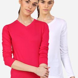 appulse Women White & Fuchsia Set Of 2 V-Neck Slim Fit Running T-shirt-0