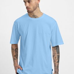 VEIRDO Sky Blue Drop-Shoulder Sleeves Pure Cotton Oversized T-shirt-image-22