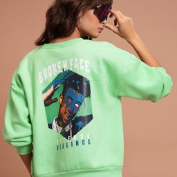 Tokyo Talkies Green Graphic Printed Oversized Pullover Sweatshirt-image-50