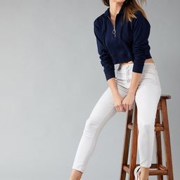 DressBerry Navy Blue Half Zipper Hooded Crop Pure Cotton Pullover Sweatshirt-image-14