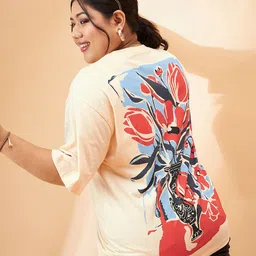 SASSAFRAS Curve Plus Size Floral Printed Pure Cotton Relaxed Fit T-shirt-image-29