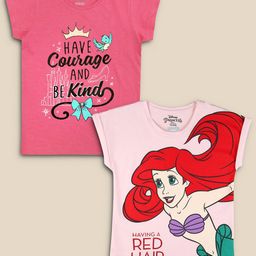 Kids Ville Girls Pack Of 2 Pink & Red Disney Princess Printed Pure Cotton T-shirt-11