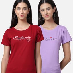 UnaOne Women Maroon & Purple Pack of 2 Typography Printed Pure Cotton T-shirt-image-74
