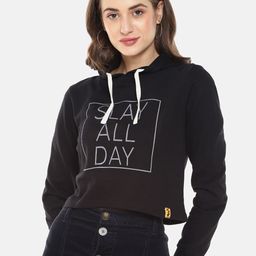 Campus Sutra Women Black & White Typography Printed Hooded Crop Sweatshirt-image-70