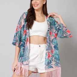 Women Fringed 3/4th Sleeve Multicolor Shrug-image-4