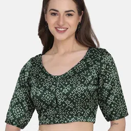 THE WEAVE TRAVELLER Green & Off-White Ethnic Motifs Printed Saree Blouse-image-5