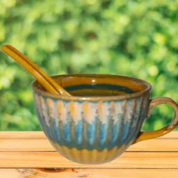 rare planet Blue Glazed Handcrafted Ceramic Soup Bowl & Spoon Set-picture-26