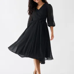 Women Fit and Flare Black Midi/Calf Length Dress-image-28