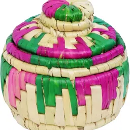 Wooden Handmade Moonj Craft Wood Chevron Grass Dish Round Fruit Basket with Lid Storage Basket-2
