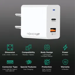 POWERUP 20W Type A & Type C 2-Port Fast Charger (Adapter Only, Multiple Safety Protection, White) image 2
