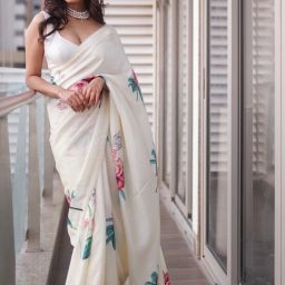 Floral Print, Digital Print Bollywood Satin Saree-image-50