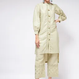 Pannkh Mandarin Collar Three Quarter Puff Sleeves Woven Design Straight Kurta-image-62