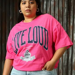 Freeform by High Star Women Typography Printed Cotton Oversized Plus Size Textured T-shirt-picture-18