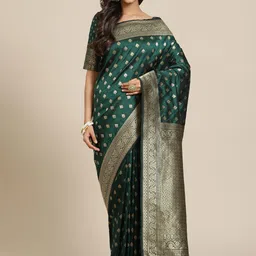 Inddus Green & Golden Ethnic Motifs Zari Woven Design Banarasi Saree-image-87