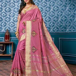 Mitera Pink & Gold Toned Floral Embroidered Assam Silk Cotton Zari Banarasi Saree-picture-36