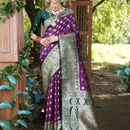 Anouk Purple & Green Ethnic Motifs Woven Design Banarasi Saree-image-69
