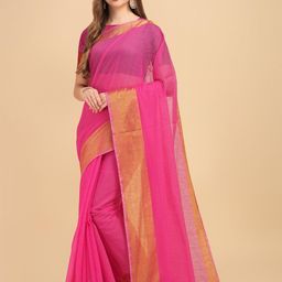 LIMDO Pink & Gold-Toned Zari Pure Silk Banarasi Saree-image-7