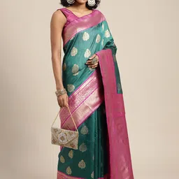 Silk Land Teal Green & Golden Ethnic Motifs Zari Banarasi Saree-image-43