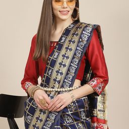 Mitera Navy Blue & Red Woven Design Silk Cotton Banarasi Saree-image-50