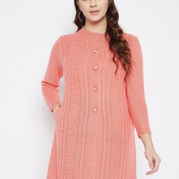 Zigo Women Coral Self Design Wool Longline Cardigan-17