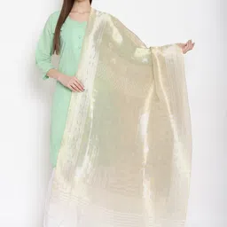 SHINGORA Cream-Coloured & Silver-Toned Woven Design Antiviral Coated Dupatta-23