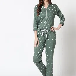 Zeyo Women Green & White Printed Pure Cotton Night suit-picture-32