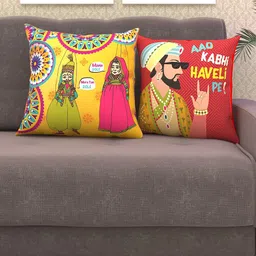 Athom Trendz Red & Yellow Set of 2 Quirky Square Cushion Covers-16