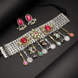 Moedbuille Silver-Plated Kundan & Beaded Tribal Tasselled Design Jewellery Set-5