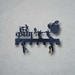 Divine Krishna Wooden Key Holder for Wall |Spiritual Décor with Hooks Iron Key Holder-image-16