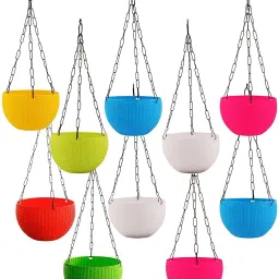Plastic Woven look Hanging Pot with Chain Plastic Flower Pot Basket Plant Container Set-47