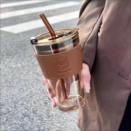 Glass Travel Tea and Coffee Fruit Juice Milk Sipper Tumbler with Straw & Lid Glass Tumbler-11
