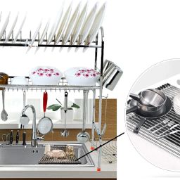 Utensil Kitchen Rack S.S. Over Sink Dish Drainer Rack + Rollup Dish Drainer Mat | 30x28 inches Steel-image-41