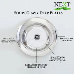 next future 10 Inches Heavy Stainless Steel Deep Soup/ Gravy Plate | Set of 6 Dinner Plates Rice Plates image 3