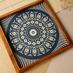 bambaise Blue Teak Wood Square Tray with Mandala Art-picture-39