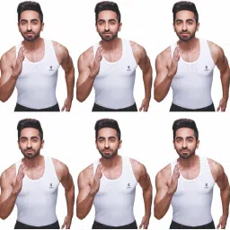Pack of 6 Men's White Round Neck Sleeveless Cotton Vest (White, M) Men Vest-image-3