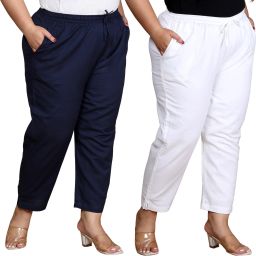 Pack of 2 Women Regular Fit Dark Blue, White Pure Cotton Trousers-image-13