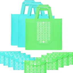 Pack of 12 Smile Foldable Grocery/Shopping Bags For Women | Blue & Green Pack of 12 Grocery Bags-image-43