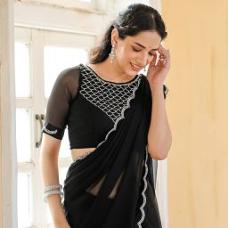 Self Design, Geometric Print, Woven, Embellished Bollywood Chiffon Saree-image-3