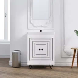Wash Basin Vanity with Ceramic Washbasin Sink | Water Resistant Bathroom Cabinet 4mm Grooves Square Design Under Counter Basin-image-4