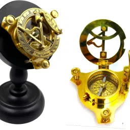 Brass Sundial compass triangle sun clock with wood Display Stand nautical Compass-image-53