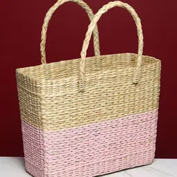 HABERE INDIA Pink & Beige Handcrafted Grass Storage Basket-image-37