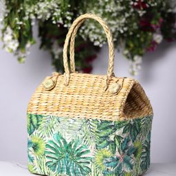 HABERE INDIA Green & Beige Printed Grass Storage Basket-30