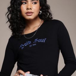 Women Printed Round Neck Pure Cotton Black T-Shirt-image-91