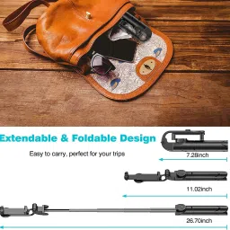 BUY SURETY New Arrival High Quality 3in1 Selfie Stick multi-function Wireless Bluetooth XT-01 , XT-02 Selfie Stick with Remote Shutter 360 Rotate Extendable Handheld Foldable Mini Tripod Stand Foldable, selfie stick, tripod, bluetooth shutter for Smartphones Professional Remote Control Selfie Stick Monopod Kit, Tripod image 2