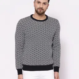 Men Self Design Round Neck Black, White Sweater-image-2
