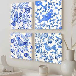 Art Street Stretched Canvas Painting Blue Flowers and Birds Pattern Art for Home Decor-picture-21