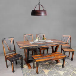 fabuliv Mathis Sheesham Wood 6 Seater Dining Set in Vintage Black & Teak Finish with Bench-picture-11