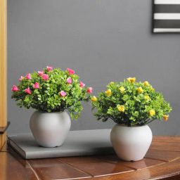 foliyaj Plastic Green And Blend Combo Of 2 Mini Bush With Green Leaves And Pink And Yellow Flowers With Pot Artificial Plants-picture-35