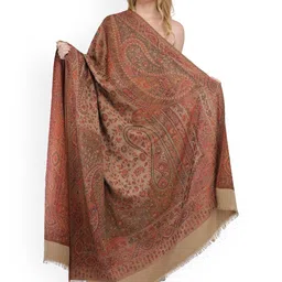 Exotic India Light Taupe Reversible Jamawar Wool Shawl with Woven Paisleys-picture-6