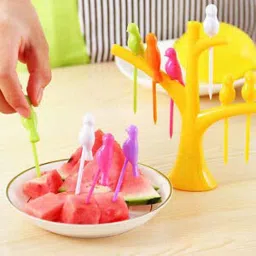 red champion Bird Shape Fruit Fork Set with Tree Stand and 6 Fork Pack -4 Disposable Silicone Salad Fork, Baby Fork, Dessert Fork, Dinner Fork, Fruit Fork, Serving Fork Set image 3